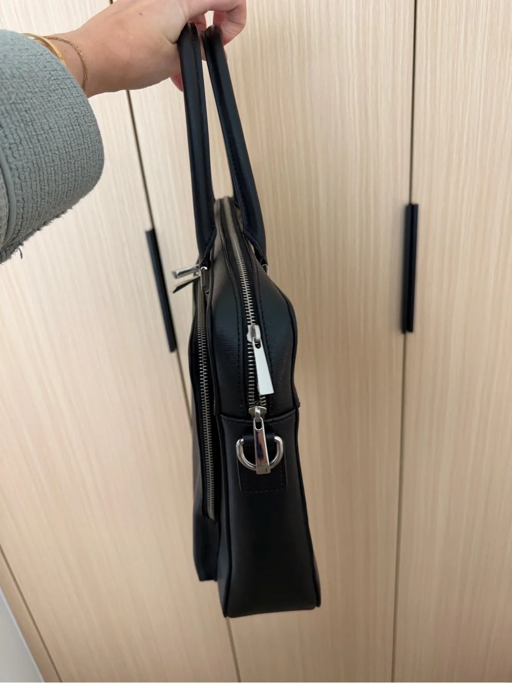 Barneys New York Black Leather Laptop Tote with Silver Hardware